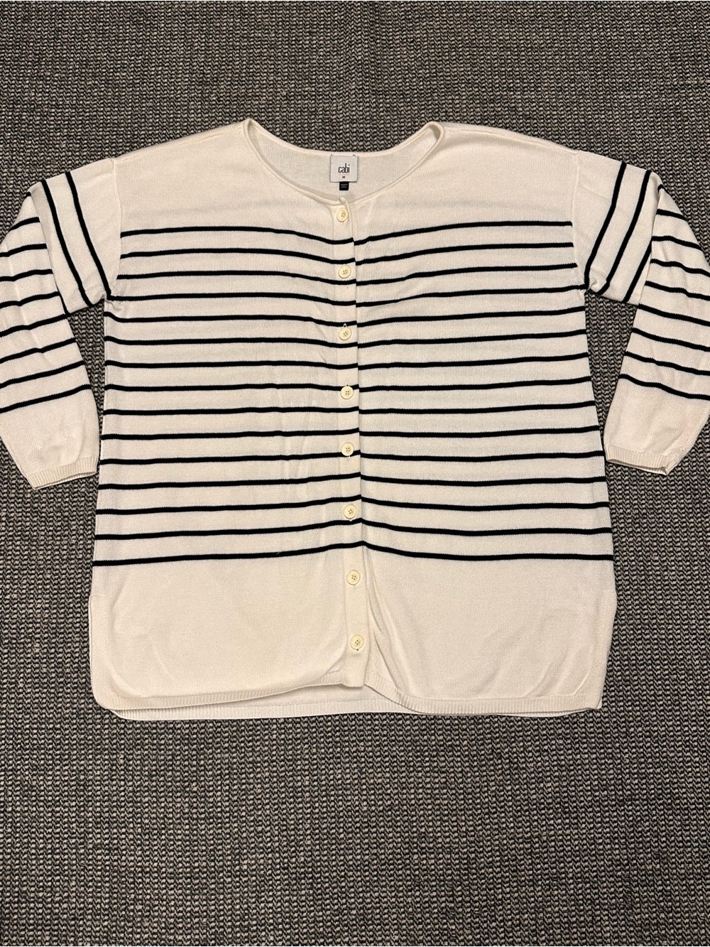 CAbi Cream and Black Striped Button-Up Cardigan